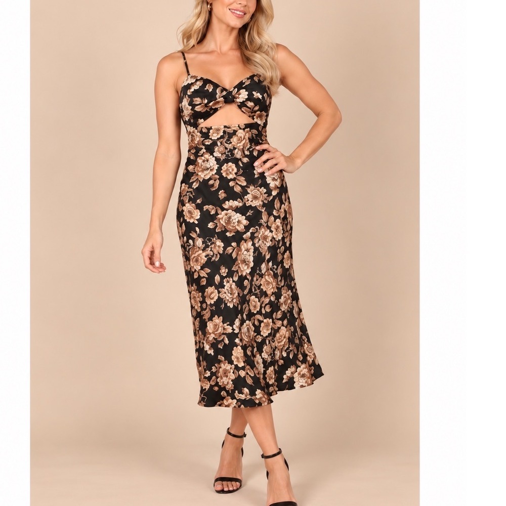 NEW Petal + Pup Saga Cut Out Midi Dress Women's M Black Floral TF3022-B